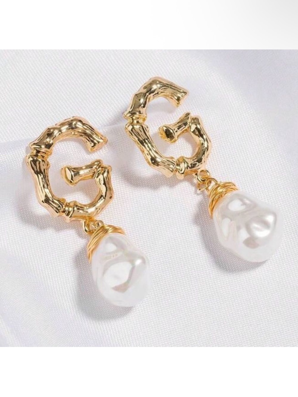 Gold 'G' Drop Earrings with Pearl Accent A77